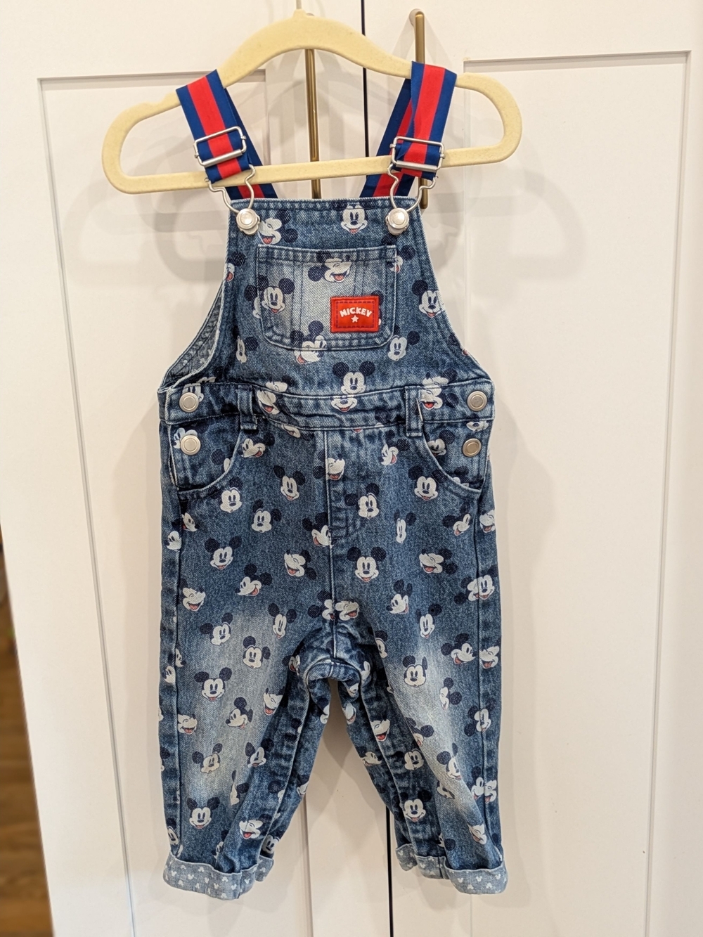 Disney Blue Denim Mickey Face Overalls with Red & Blue Straps